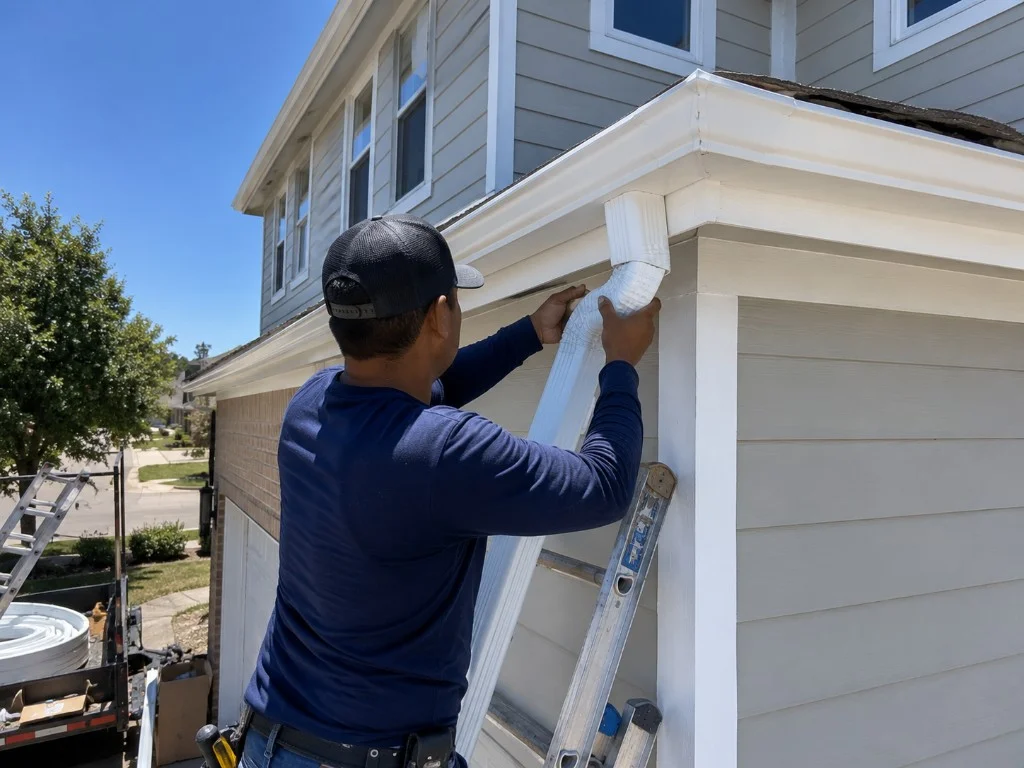 Crew attaching a downspout during service in Dallas–Fort Worth