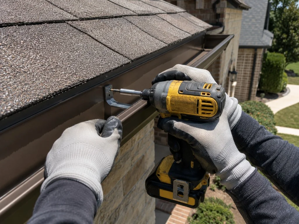 Crew fastening an aluminum gutter bracket to fascia in Dallas–Fort Worth